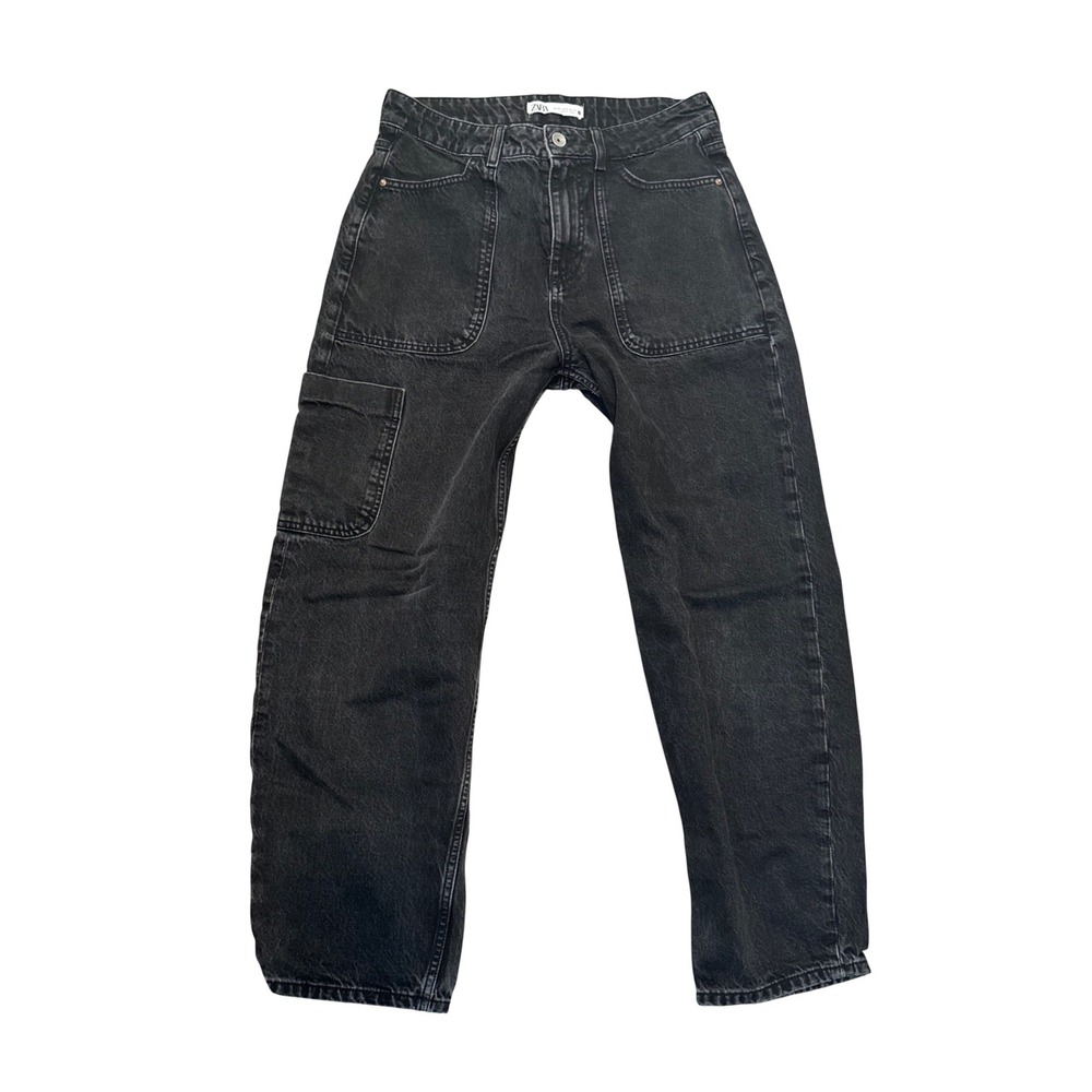 Zara Womens barrel Jeans. Black High Rise Utility Denim Size 4